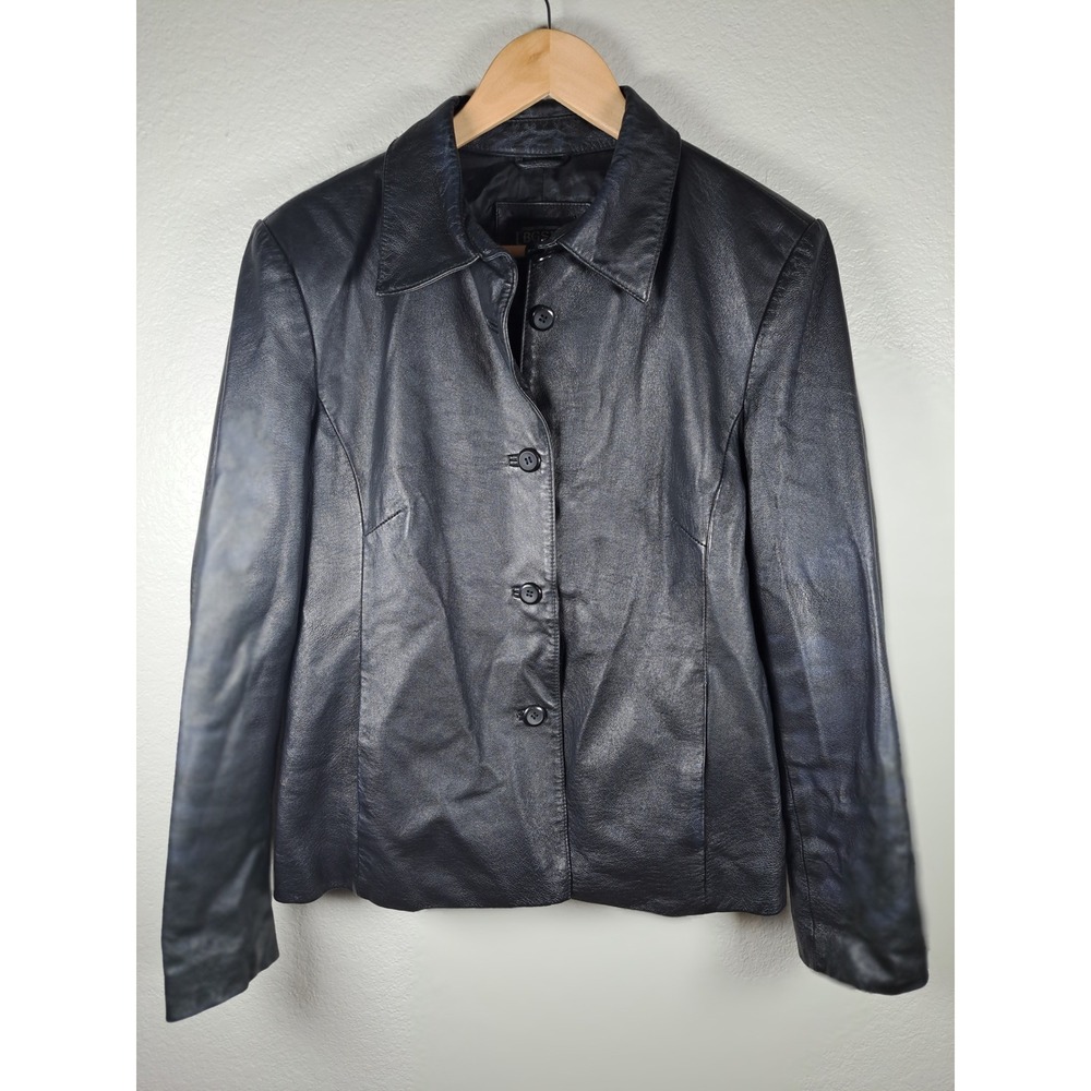 BGSD Womens Black Genuine Leather Button Front Blazer Jacket Large